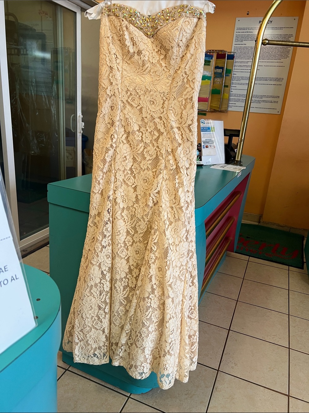 Strapless Lace Evening Gown in Light Champagne